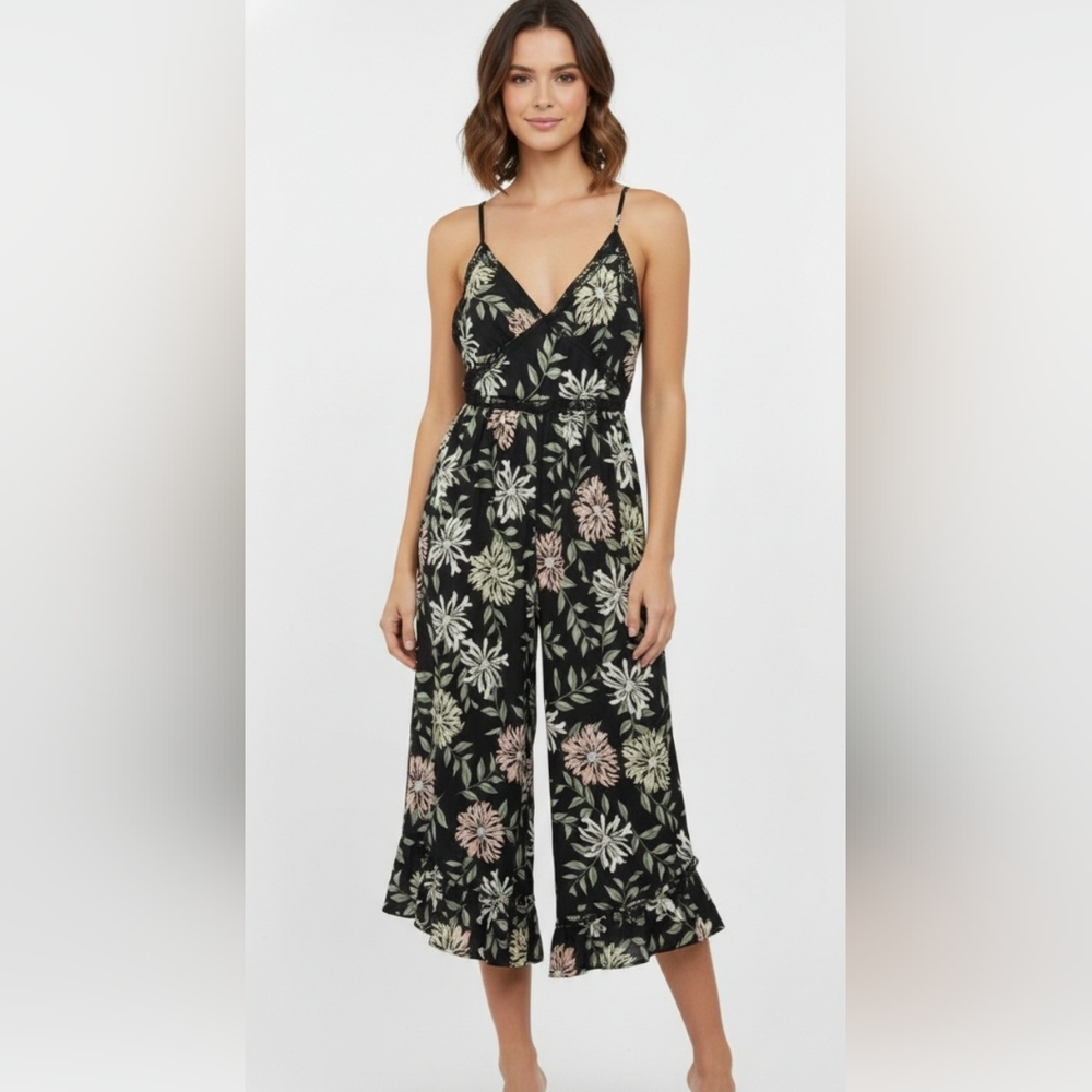 Black Green Floral Halter Jumpsuit Lace Ruffle Babydoll Boho Beach Crop M (6)